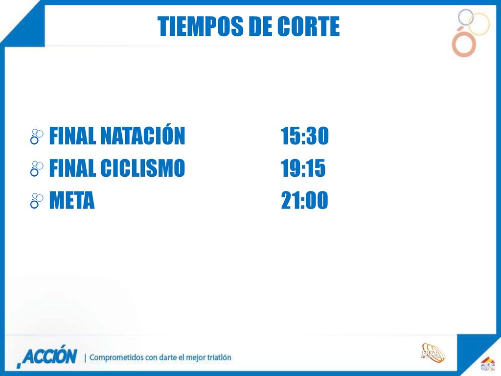 Tiempos de corte FINAL NATACIÓN 15:30 FINAL CICLISMO 19:15 META 21:00
