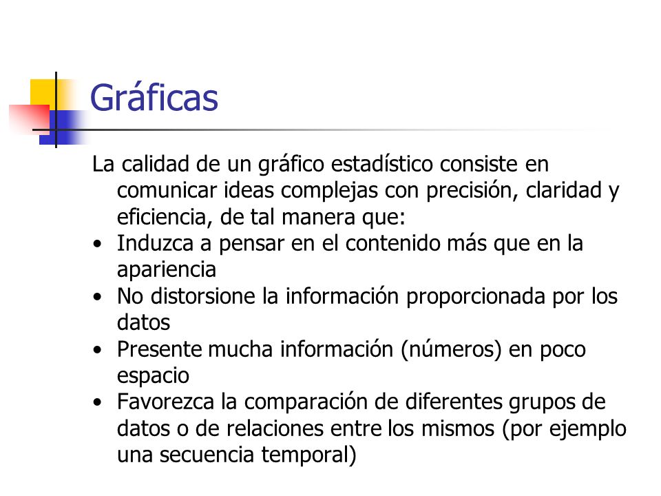 Gráficas La calidad de un gráfico estadístico consiste en comunicar ideas complejas con precisión, claridad y eficiencia, de tal manera que: