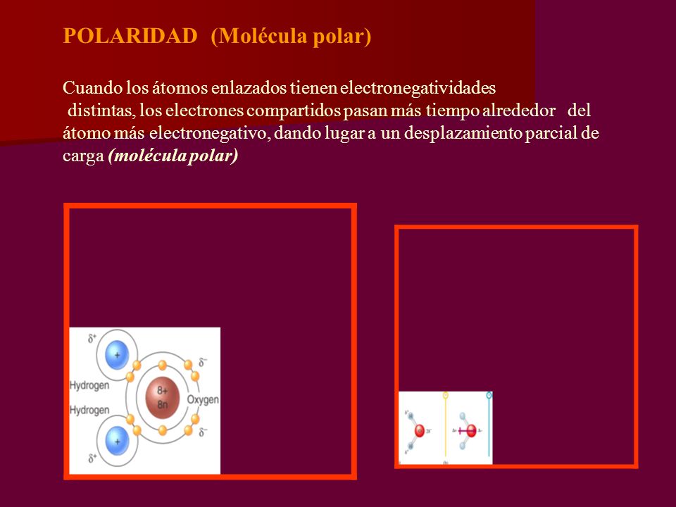 POLARIDAD (Molécula polar) Cuando los átomos enlazados tienen electronegatividades distintas, los electrones compartidos pasan más tiempo alrededor del átomo más electronegativo, dando lugar a un desplazamiento parcial de carga (molécula polar)