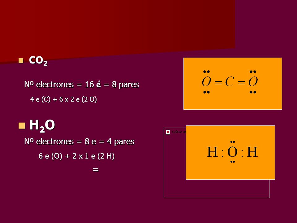 H2O CO2 Nº electrones = 16 é = 8 pares 4 e (C) + 6 x 2 e (2 O)