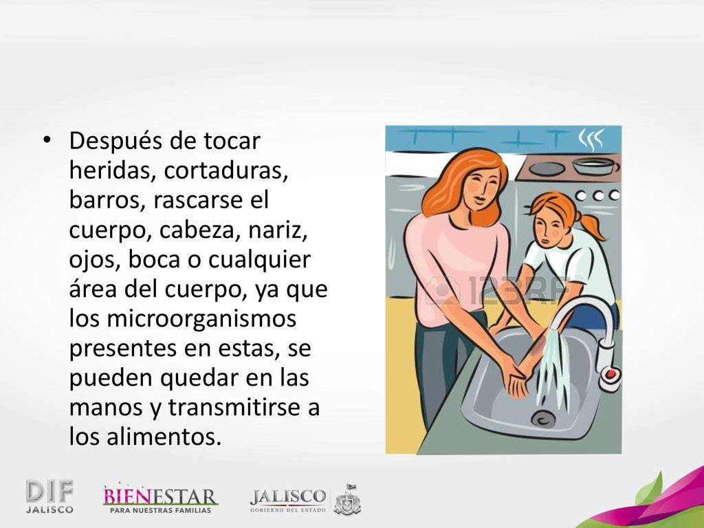 Después de tocar heridas, cortaduras, barros, rascarse el cuerpo, cabeza, nariz, ojos, boca o cualquier área del cuerpo, ya que los microorganismos presentes en estas, se pueden quedar en las manos y transmitirse a los alimentos.