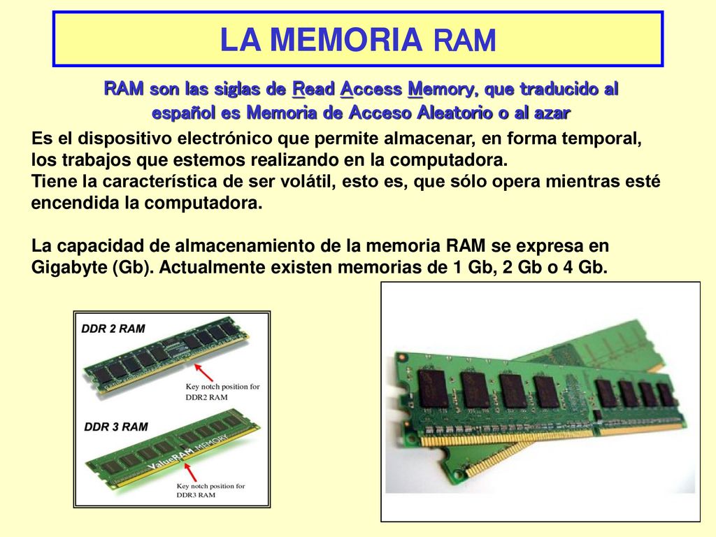 LA MEMORIA RAM RAM son las siglas de Read Access Memory, que traducido al español es Memoria de Acceso Aleatorio o al azar.