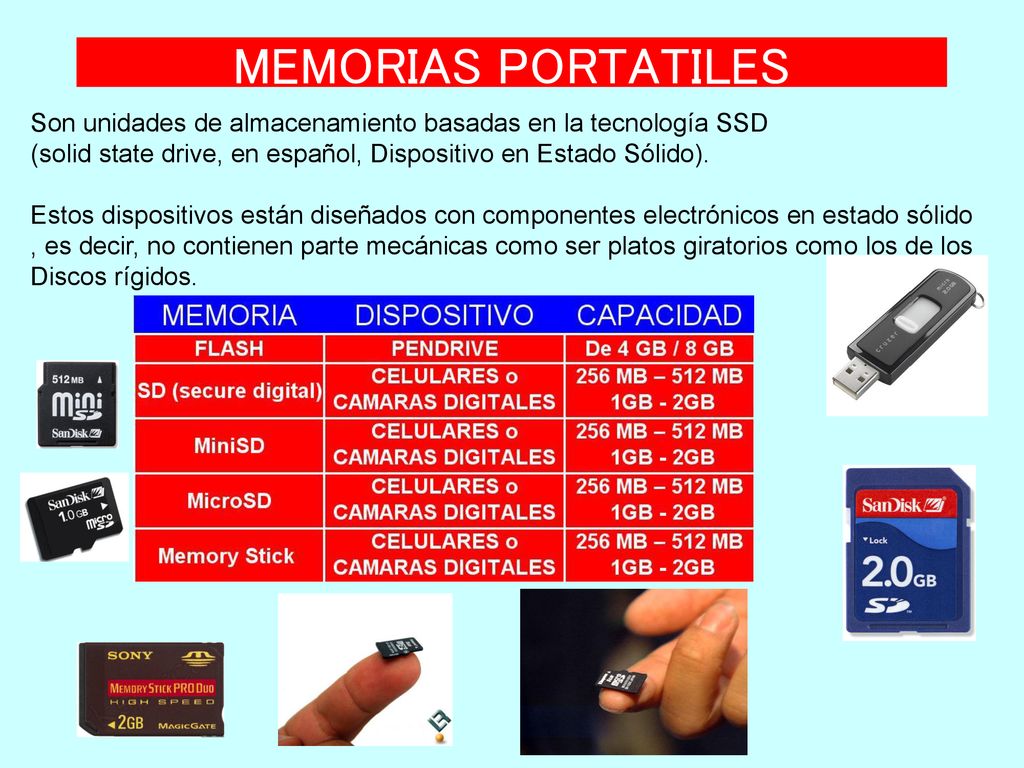 MEMORIAS PORTATILES Son unidades de almacenamiento basadas en la tecnología SSD. (solid state drive, en español, Dispositivo en Estado Sólido).