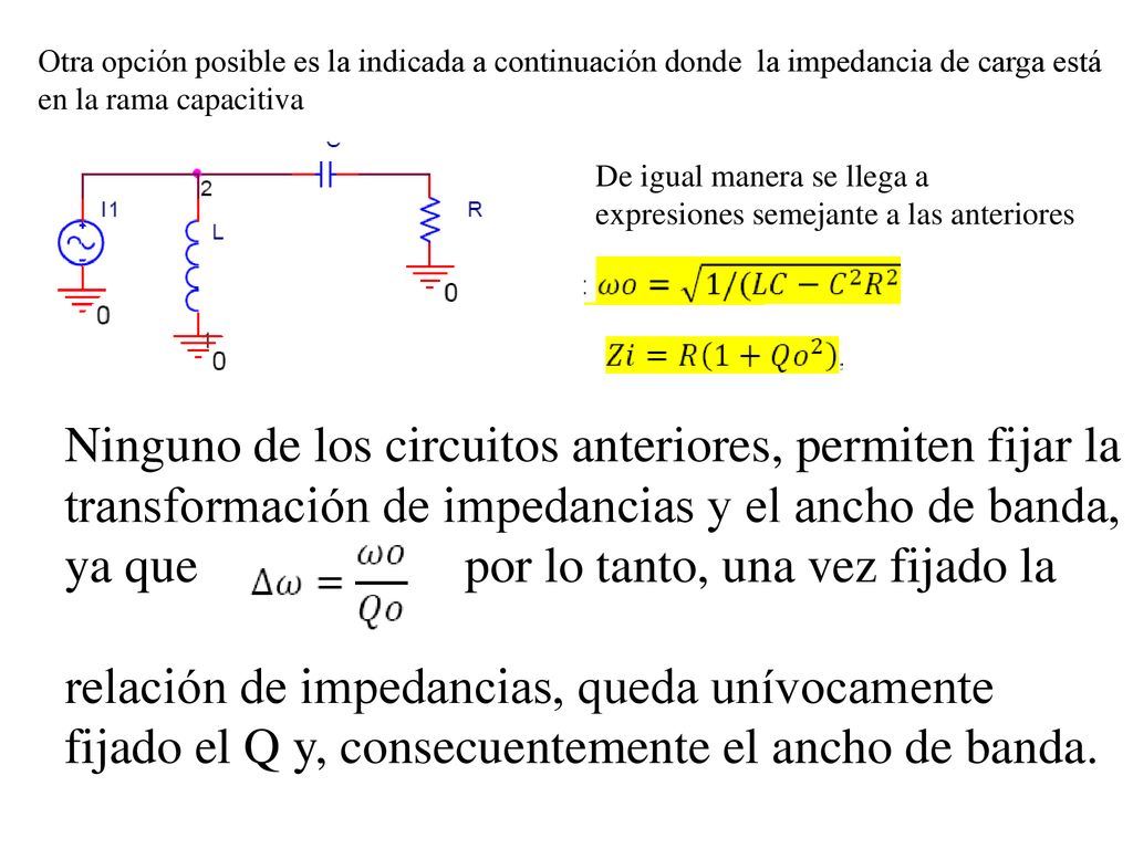 Otra opción posible es la indicada a continuación donde la impedancia de carga está en la rama capacitiva