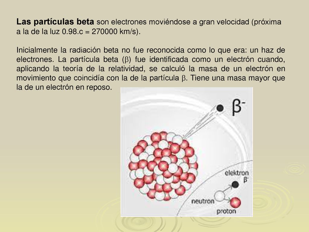 Las partículas beta son electrones moviéndose a gran velocidad (próxima a la de la luz 0.98.c = km/s).