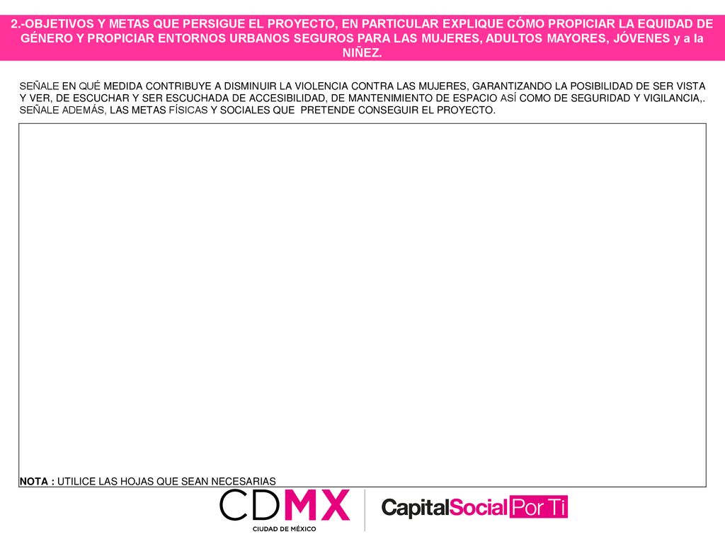 2.-OBJETIVOS Y METAS QUE PERSIGUE EL PROYECTO, EN PARTICULAR EXPLIQUE CÓMO PROPICIAR LA EQUIDAD DE GÉNERO Y PROPICIAR ENTORNOS URBANOS SEGUROS PARA LAS MUJERES, ADULTOS MAYORES, JÓVENES y a la NIÑEZ.