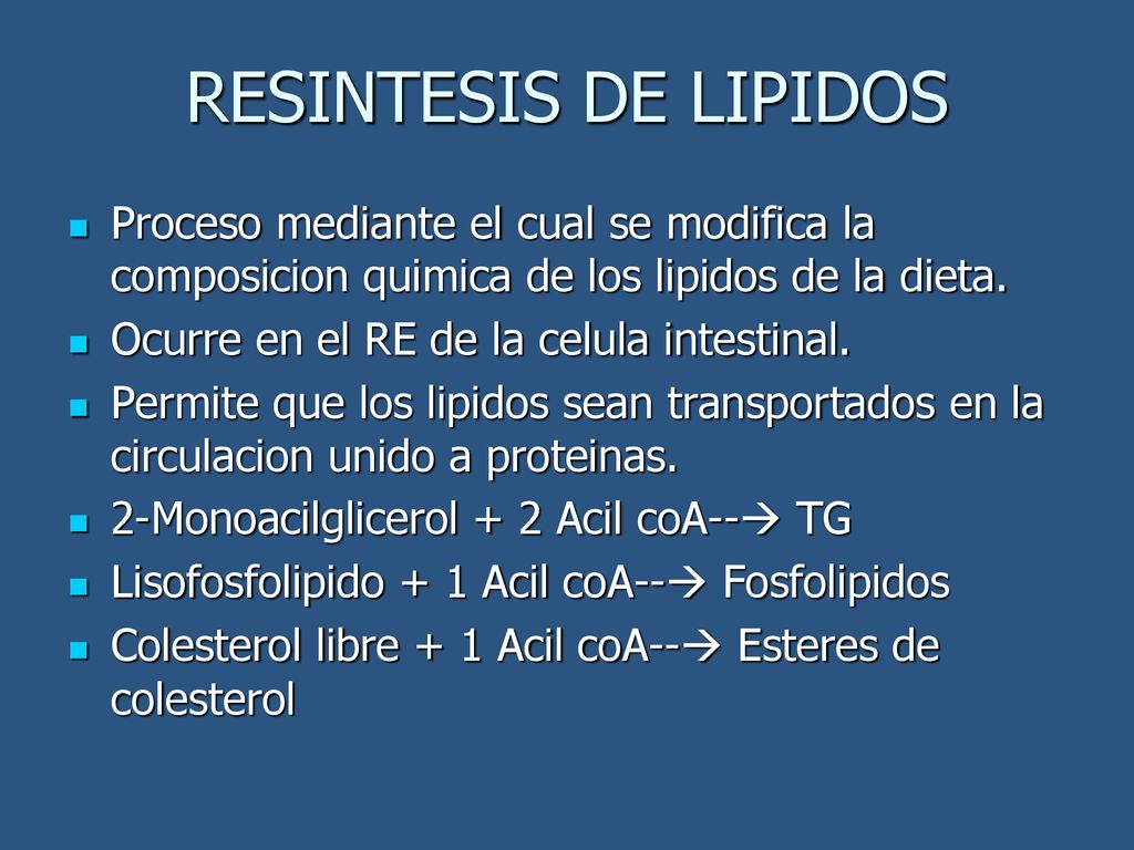 RESINTESIS DE LIPIDOS Proceso mediante el cual se modifica la composicion quimica de los lipidos de la dieta.