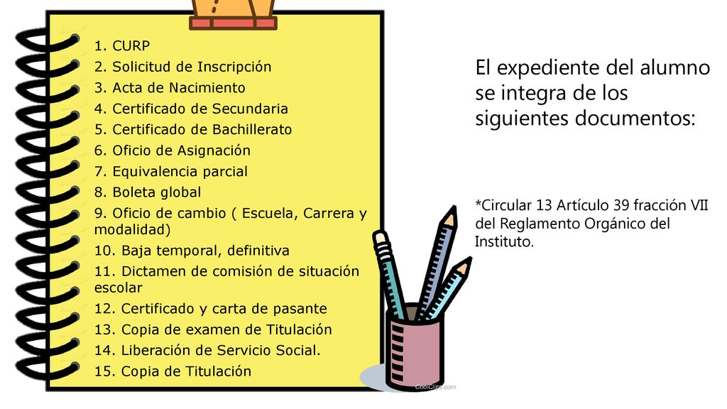 El expediente del alumno se integra de los siguientes documentos: