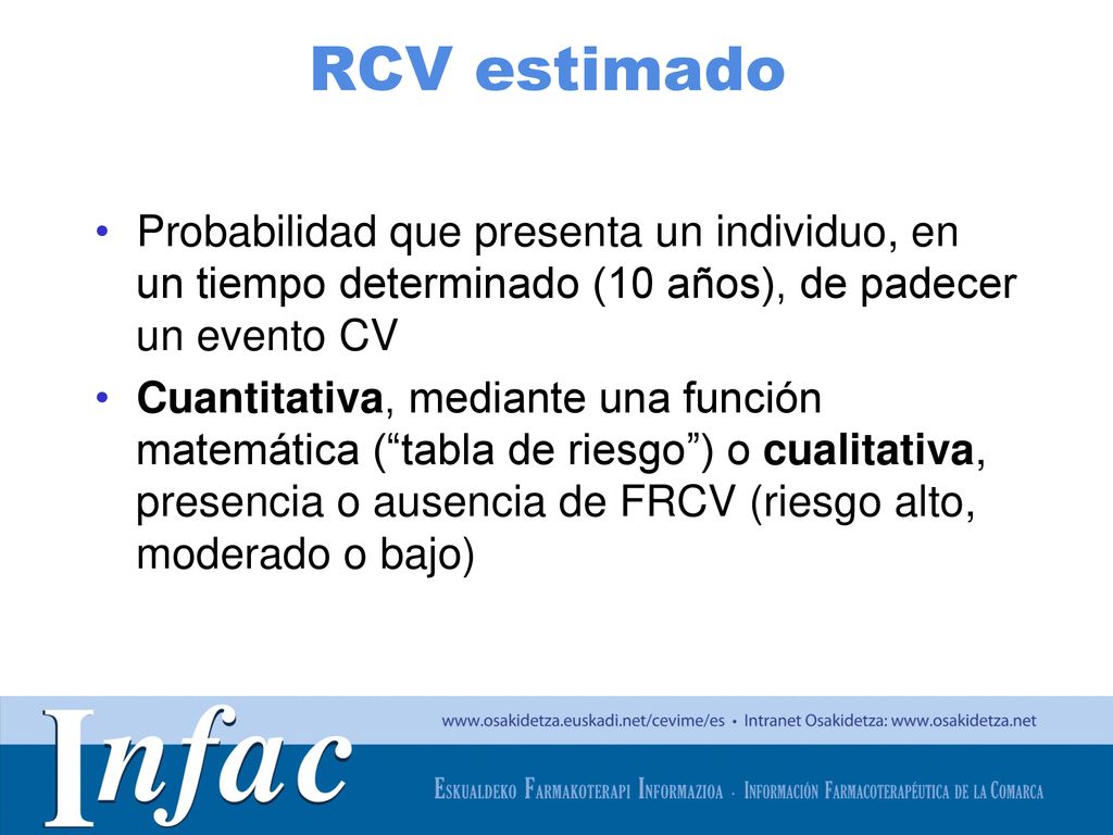 RCV estimado Probabilidad que presenta un individuo, en un tiempo determinado (10 años), de padecer un evento CV.
