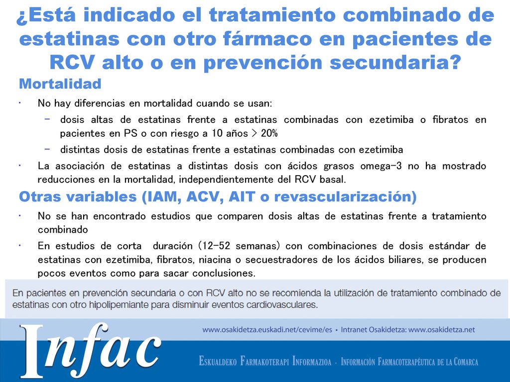 ¿Está indicado el tratamiento combinado de estatinas con otro fármaco en pacientes de RCV alto o en prevención secundaria