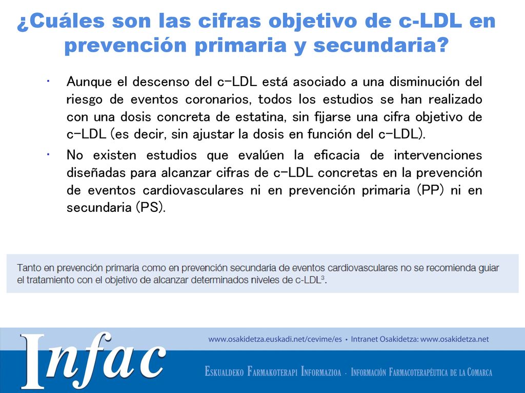 ¿Cuáles son las cifras objetivo de c-LDL en prevención primaria y secundaria