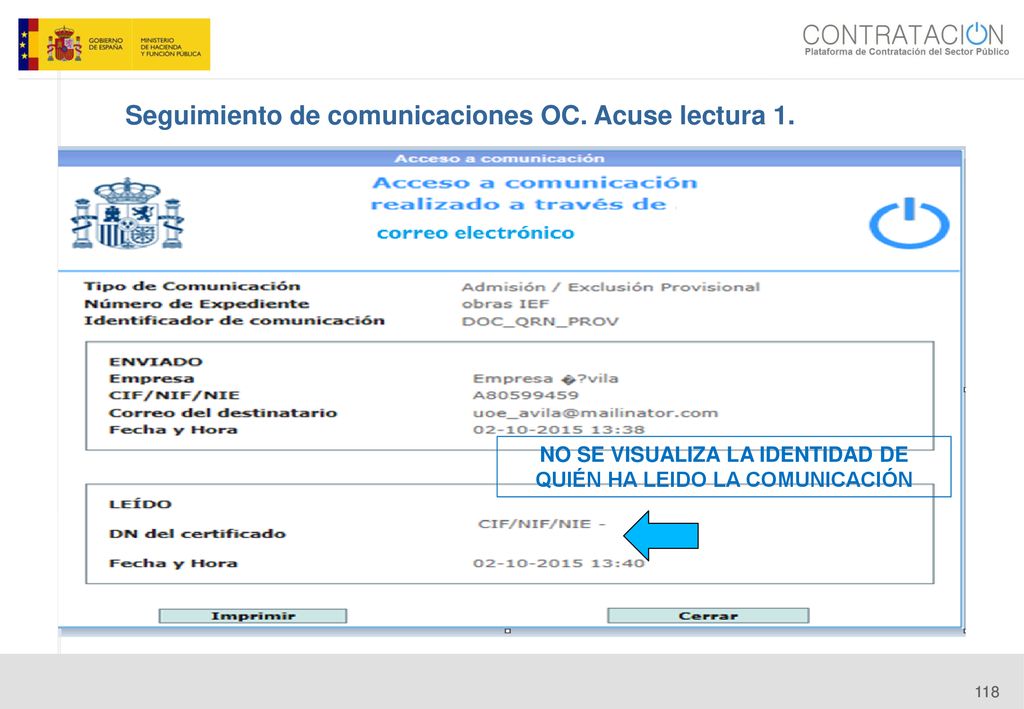 NO SE VISUALIZA LA IDENTIDAD DE QUIÉN HA LEIDO LA COMUNICACIÓN