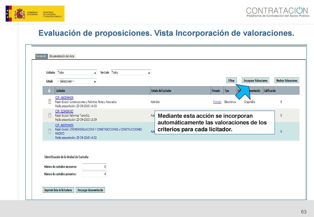 Evaluación de proposiciones. Vista Incorporación de valoraciones.