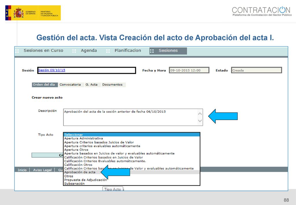Gestión del acta. Vista Creación del acto de Aprobación del acta I.