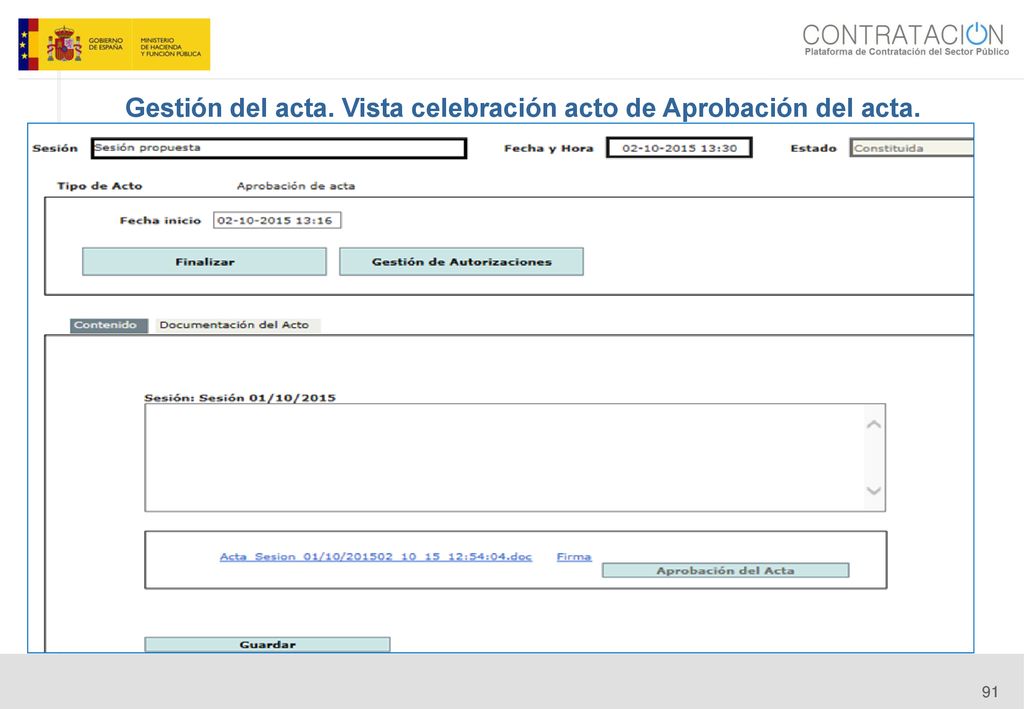 Gestión del acta. Vista celebración acto de Aprobación del acta.