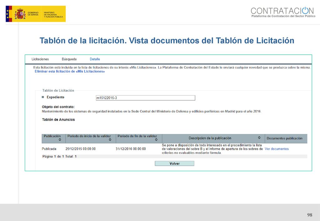 Tablón de la licitación. Vista documentos del Tablón de Licitación