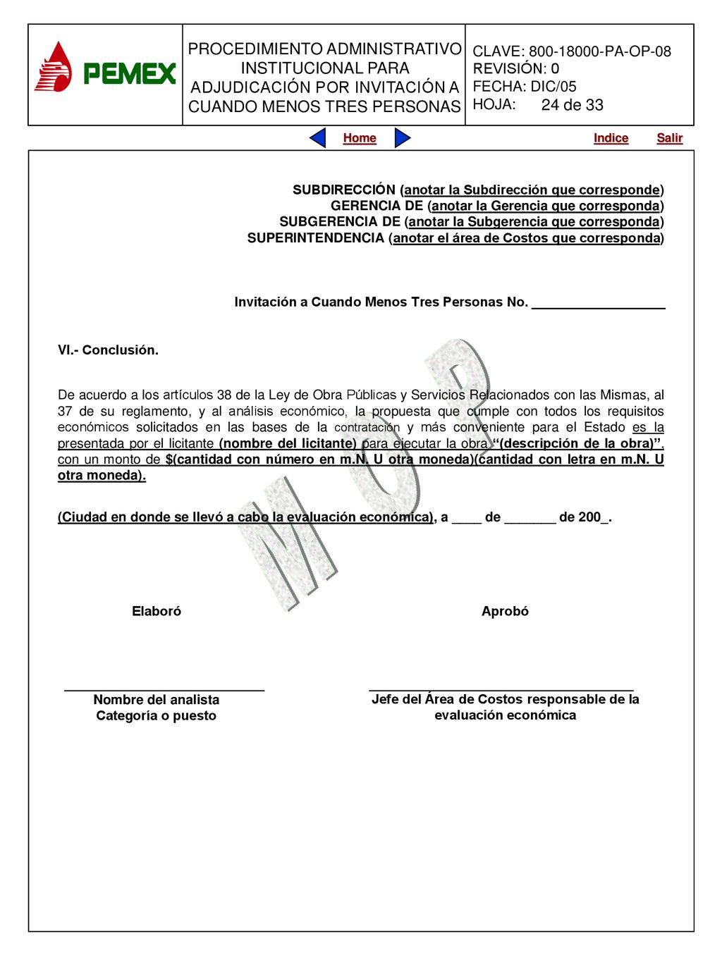 Jefe del Área de Costos responsable de la evaluación económica