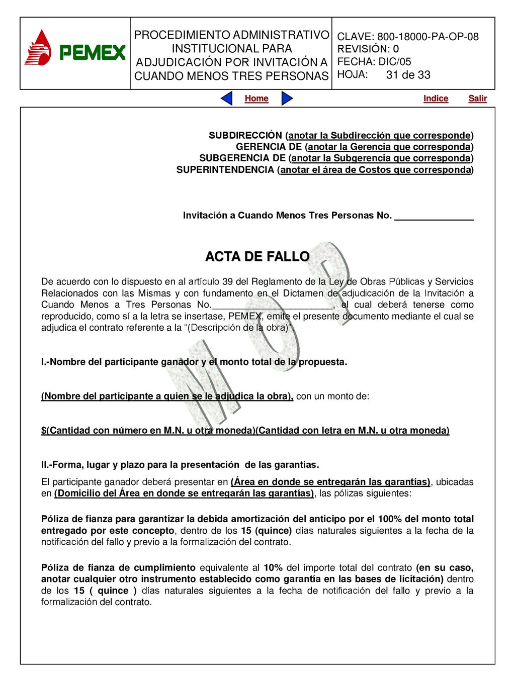 31 de 33 SUBDIRECCIÓN (anotar la Subdirección que corresponde) GERENCIA DE (anotar la Gerencia que corresponda)