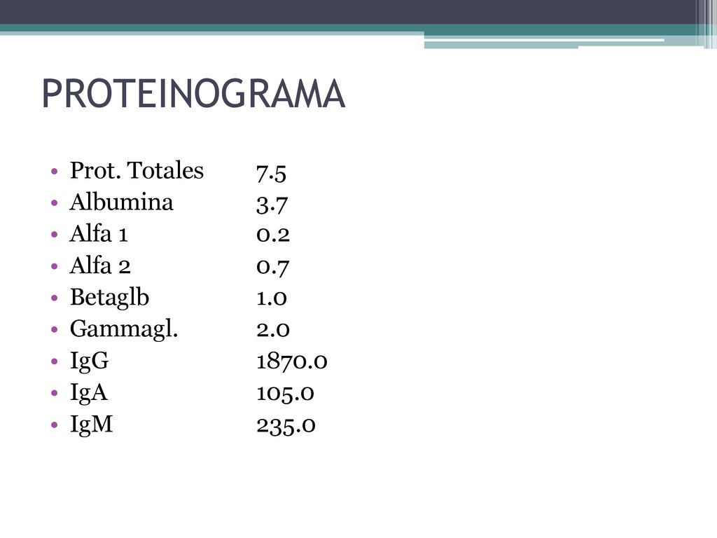 PROTEINOGRAMA Prot. Totales 7.5 Albumina 3.7 Alfa Alfa 2 0.7