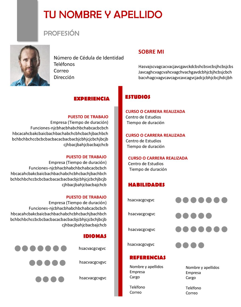 TU NOMBRE Y APELLIDO PROFESIÓN SOBRE MI Número de Cédula de Identidad