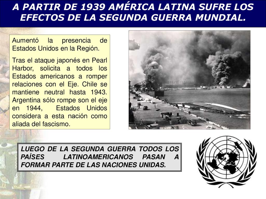 A PARTIR DE 1939 AMÉRICA LATINA SUFRE LOS EFECTOS DE LA SEGUNDA GUERRA MUNDIAL.
