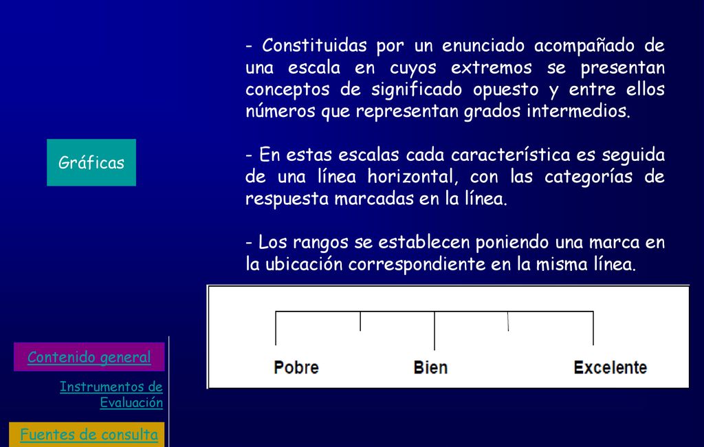 - Constituidas por un enunciado acompañado de una escala en cuyos extremos se presentan conceptos de significado opuesto y entre ellos números que representan grados intermedios.