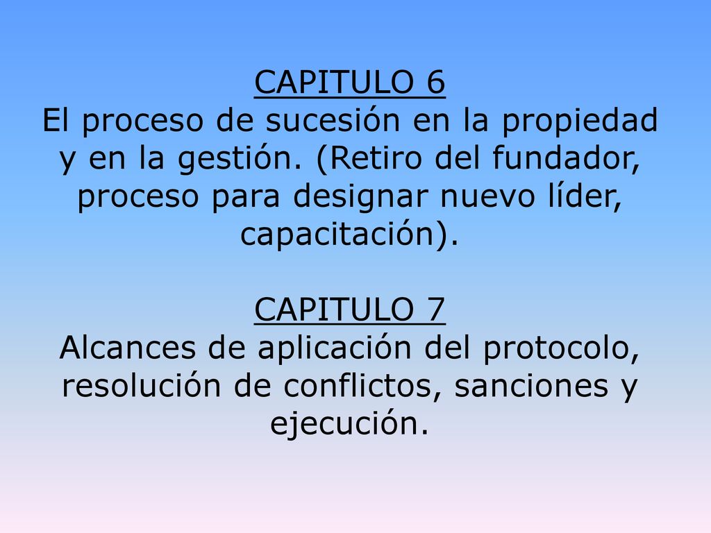 CAPITULO 6 El proceso de sucesión en la propiedad y en la gestión. (Retiro del fundador, proceso para designar nuevo líder, capacitación).
