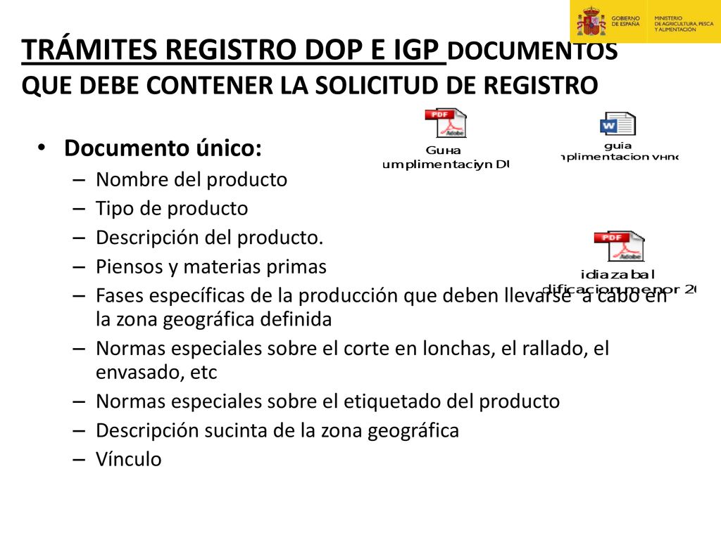 TRÁMITES REGISTRO DOP E IGP DOCUMENTOS QUE DEBE CONTENER LA SOLICITUD DE REGISTRO