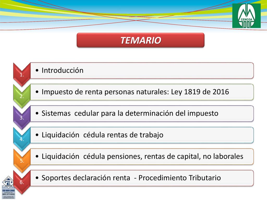 TEMARIO 1. Introducción. 2. Impuesto de renta personas naturales: Ley 1819 de Sistemas cedular para la determinación del impuesto.