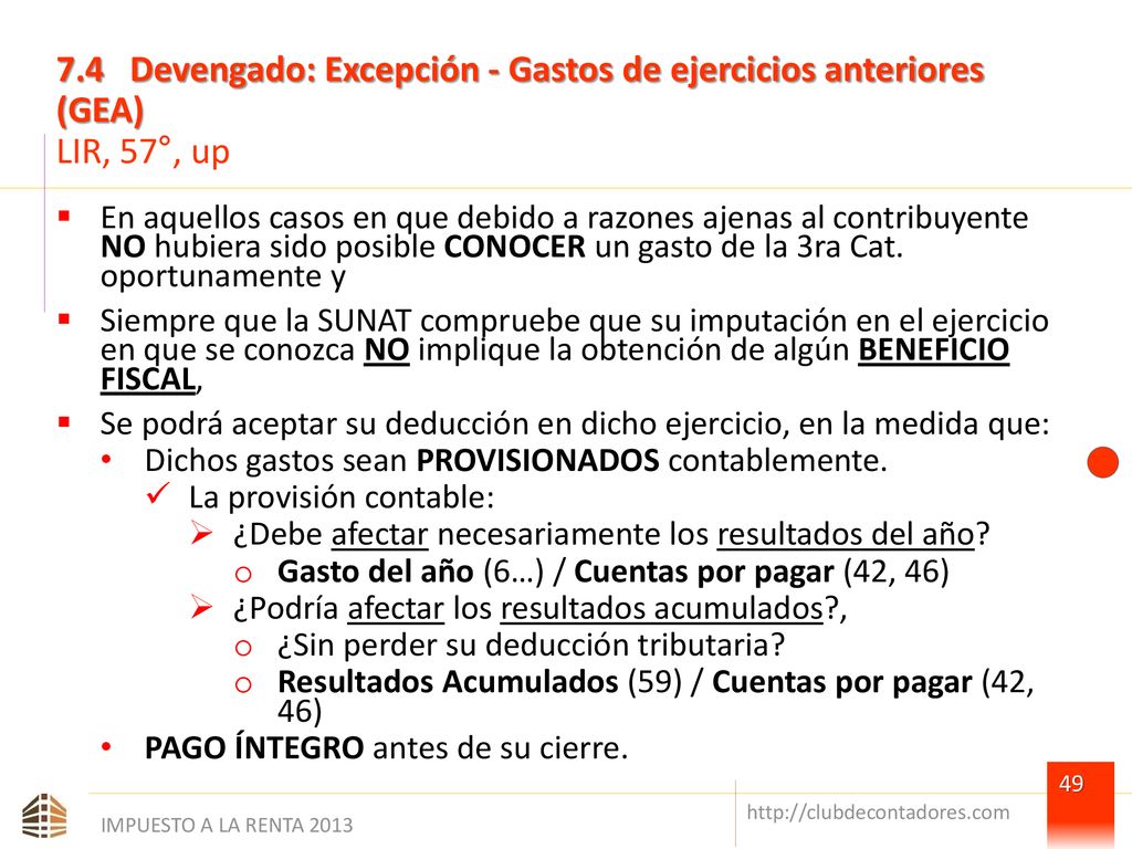 7.4 Devengado: Excepción - Gastos de ejercicios anteriores (GEA) LIR, 57°, up
