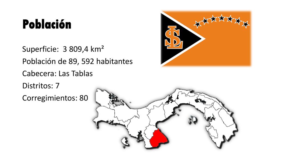 Población Superficie: 3 809,4 km² Población de 89, 592 habitantes Cabecera: Las Tablas Distritos: 7 Corregimientos: 80