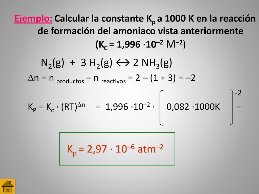 N2(g) + 3 H2(g) ↔ 2 NH3(g) Kp = 2,97 · 10–6 atm–2