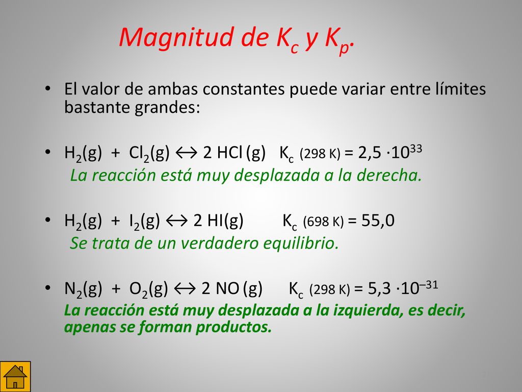 Magnitud de Kc y Kp. El valor de ambas constantes puede variar entre límites bastante grandes: