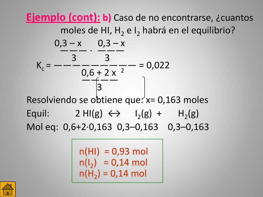 Ejemplo (cont): b) Caso de no encontrarse, ¿cuantos moles de HI, H2 e I2 habrá en el equilibrio