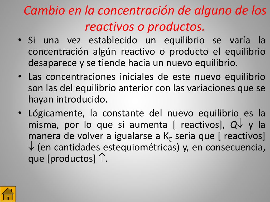 Cambio en la concentración de alguno de los reactivos o productos.