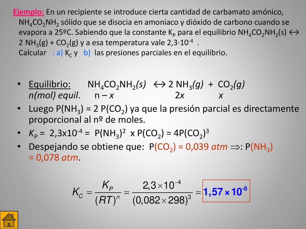 Equilibrio: NH4CO2NH2(s) ↔ 2 NH3(g) + CO2(g) n(mol) equil. n – x 2x x