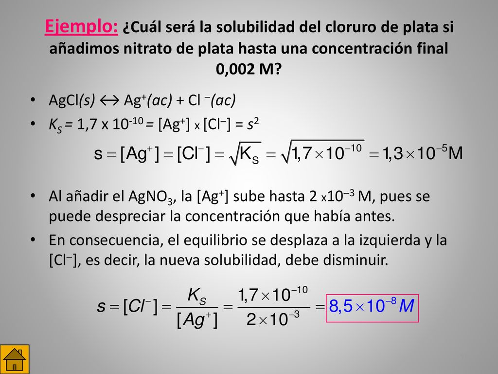Ejemplo: ¿Cuál será la solubilidad del cloruro de plata si añadimos nitrato de plata hasta una concentración final 0,002 M
