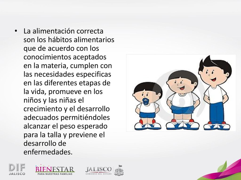 La alimentación correcta son los hábitos alimentarios que de acuerdo con los conocimientos aceptados en la materia, cumplen con las necesidades especificas en las diferentes etapas de la vida, promueve en los niños y las niñas el crecimiento y el desarrollo adecuados permitiéndoles alcanzar el peso esperado para la talla y previene el desarrollo de enfermedades.