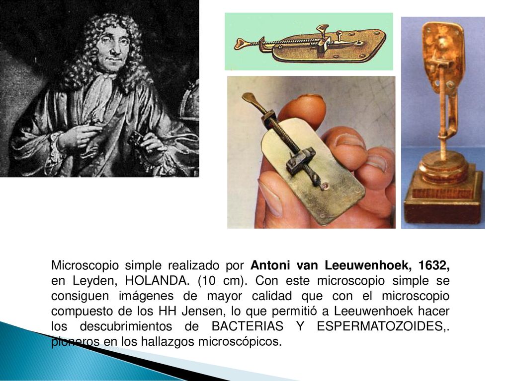 Microscopio simple realizado por Antoni van Leeuwenhoek, 1632, en Leyden, HOLANDA.