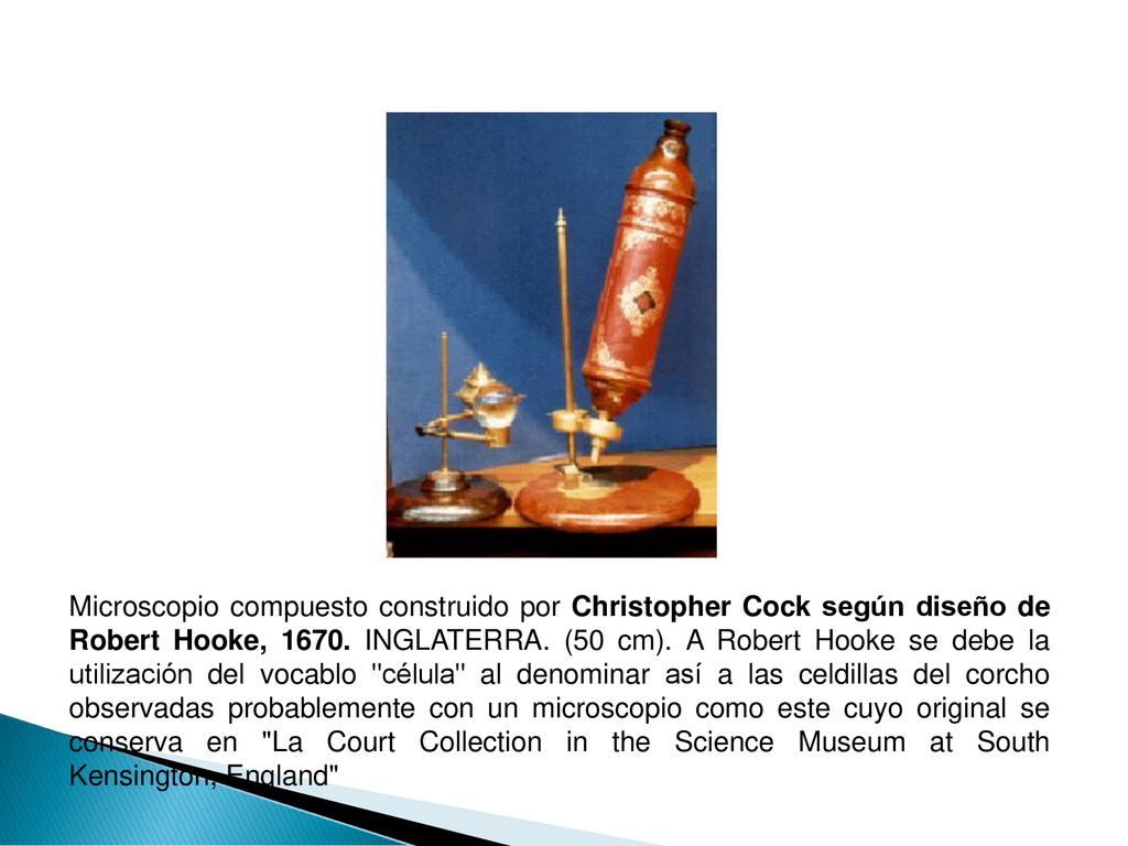 Microscopio compuesto construido por Christopher Cock según diseño de Robert Hooke, 1670.