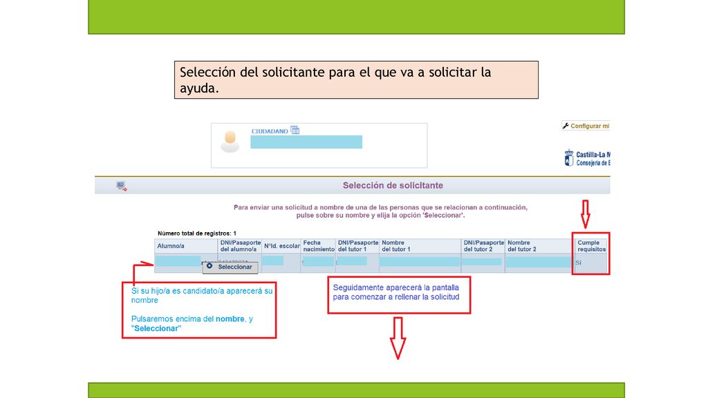 Selección del solicitante para el que va a solicitar la ayuda.