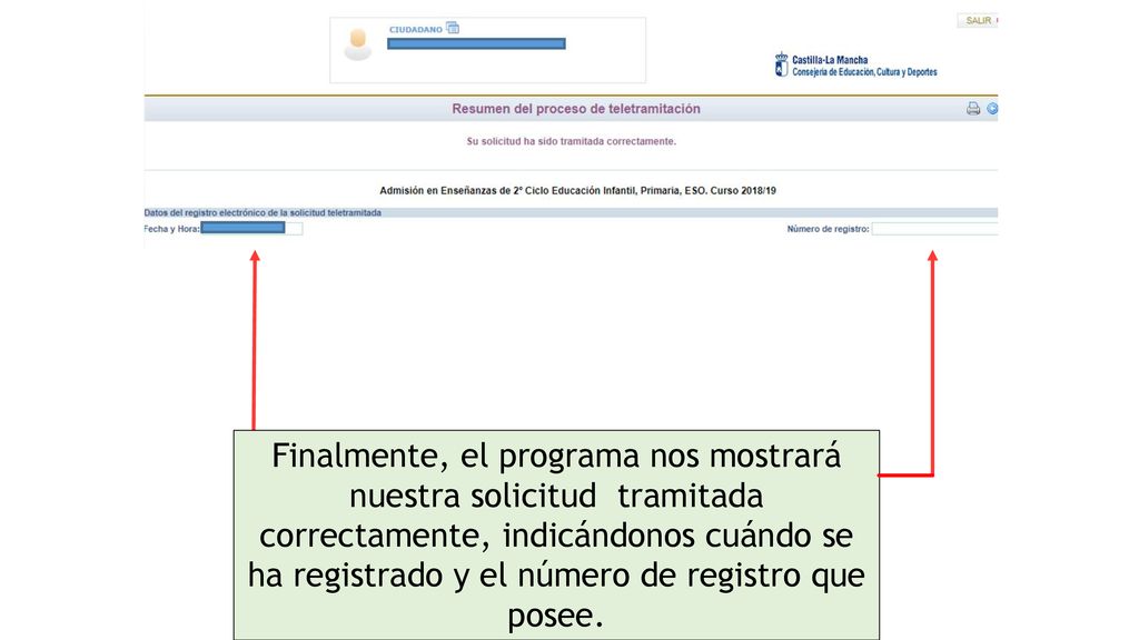 Finalmente, el programa nos mostrará nuestra solicitud tramitada correctamente, indicándonos cuándo se ha registrado y el número de registro que posee.