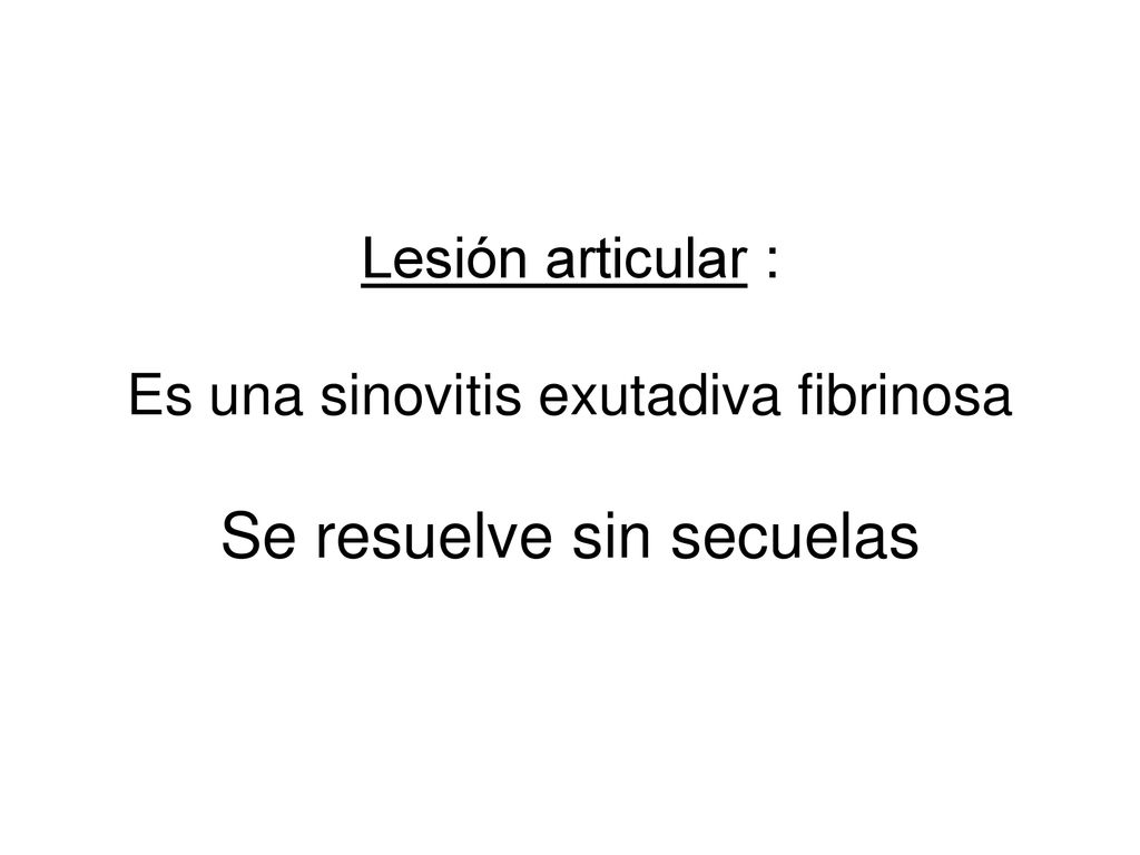 Lesión articular : Es una sinovitis exutadiva fibrinosa Se resuelve sin secuelas