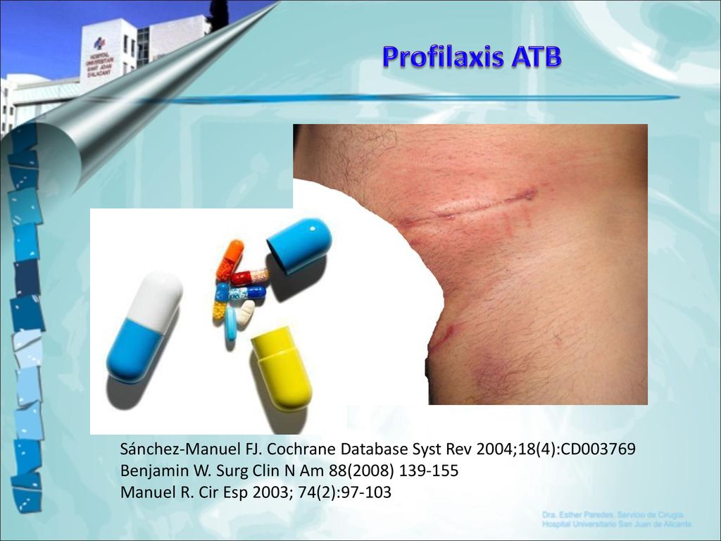 Profilaxis ATB Sánchez-Manuel FJ. Cochrane Database Syst Rev 2004;18(4):CD Benjamin W. Surg Clin N Am 88(2008)
