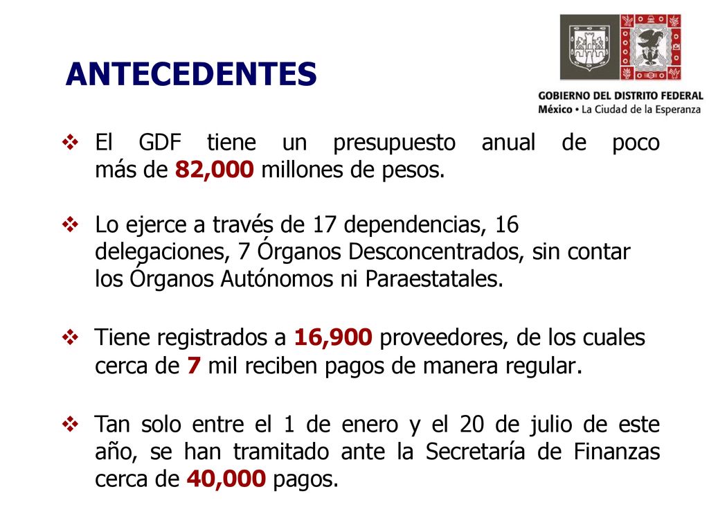 ANTECEDENTES El GDF tiene un presupuesto anual de poco más de 82,000 millones de pesos.