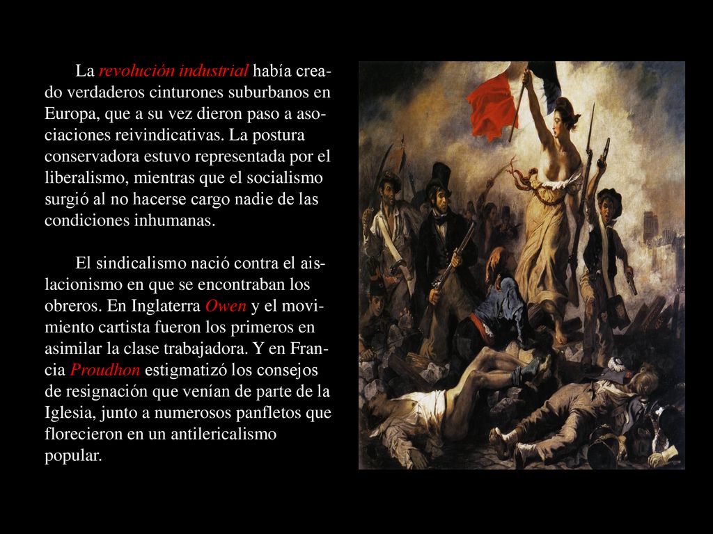 La revolución industrial había crea-do verdaderos cinturones suburbanos en Europa, que a su vez dieron paso a aso-ciaciones reivindicativas. La postura conservadora estuvo representada por el liberalismo, mientras que el socialismo surgió al no hacerse cargo nadie de las condiciones inhumanas.