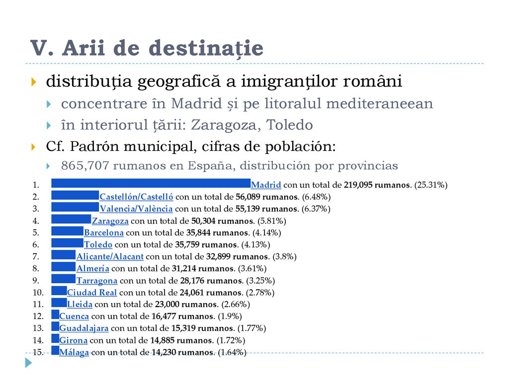 V. Arii de destinație distribuția geografică a imigranților români