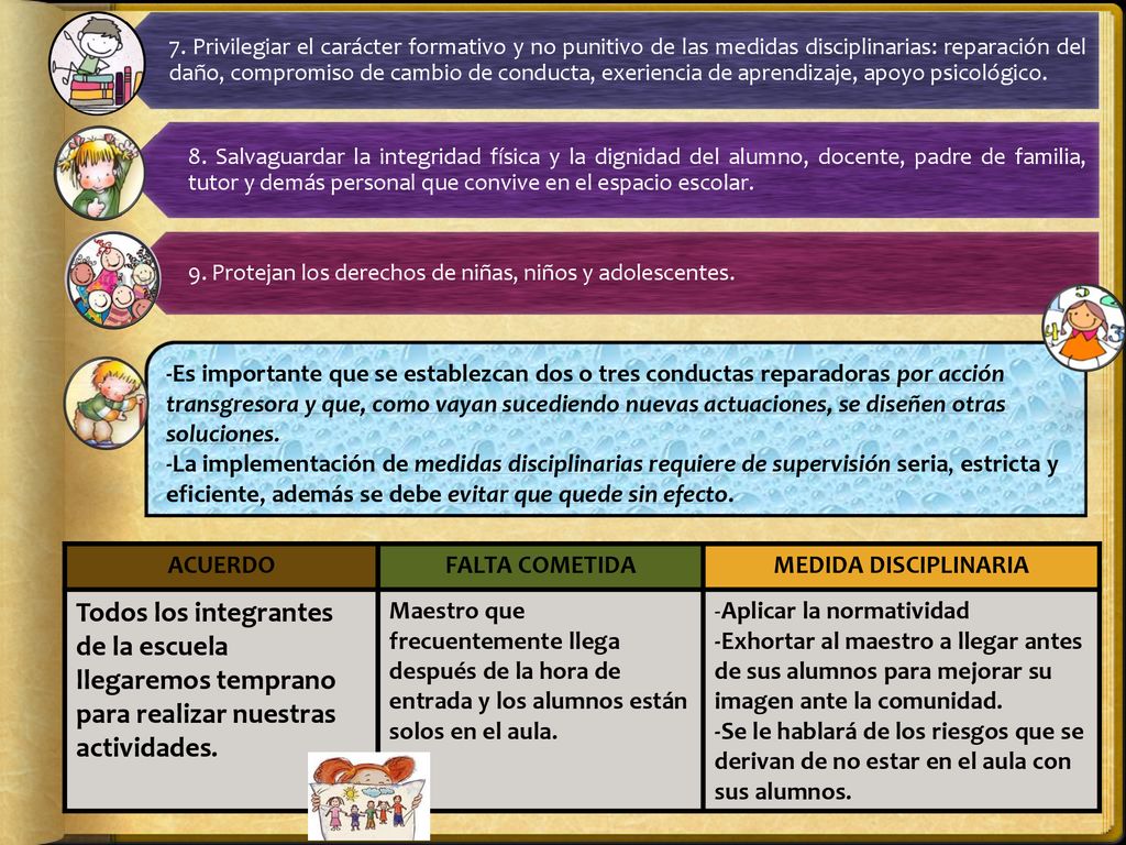 7. Privilegiar el carácter formativo y no punitivo de las medidas disciplinarias: reparación del daño, compromiso de cambio de conducta, exeriencia de aprendizaje, apoyo psicológico.