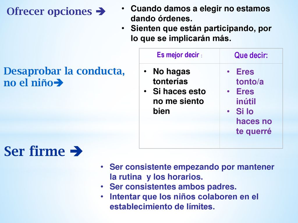 Ser firme  Ofrecer opciones  Desaprobar la conducta, no el niño