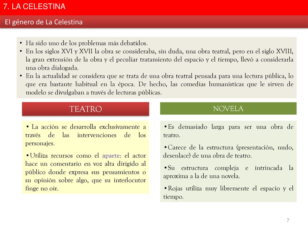 TEATRO 7. LA CELESTINA El género de La Celestina NOVELA